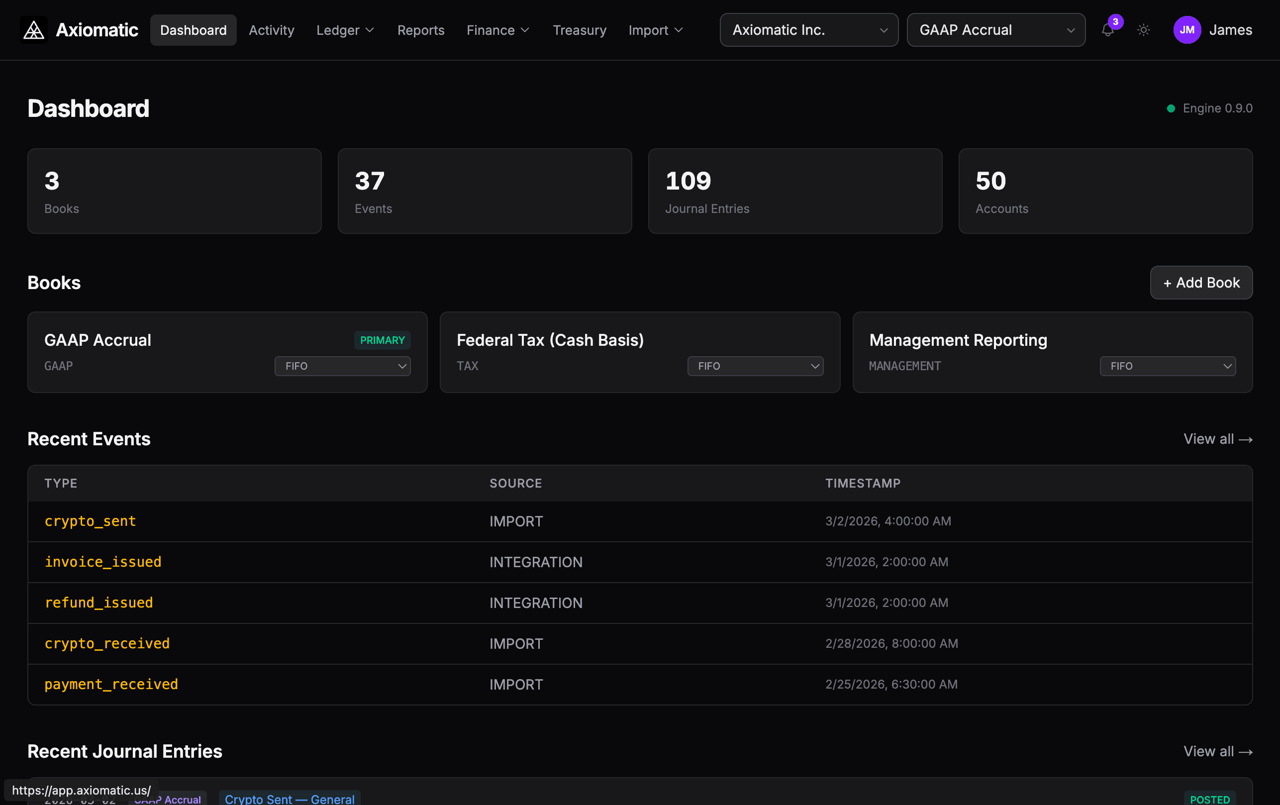 Axiomatic dashboard — AI-native business platform with accounting, CRM, treasury, and operations