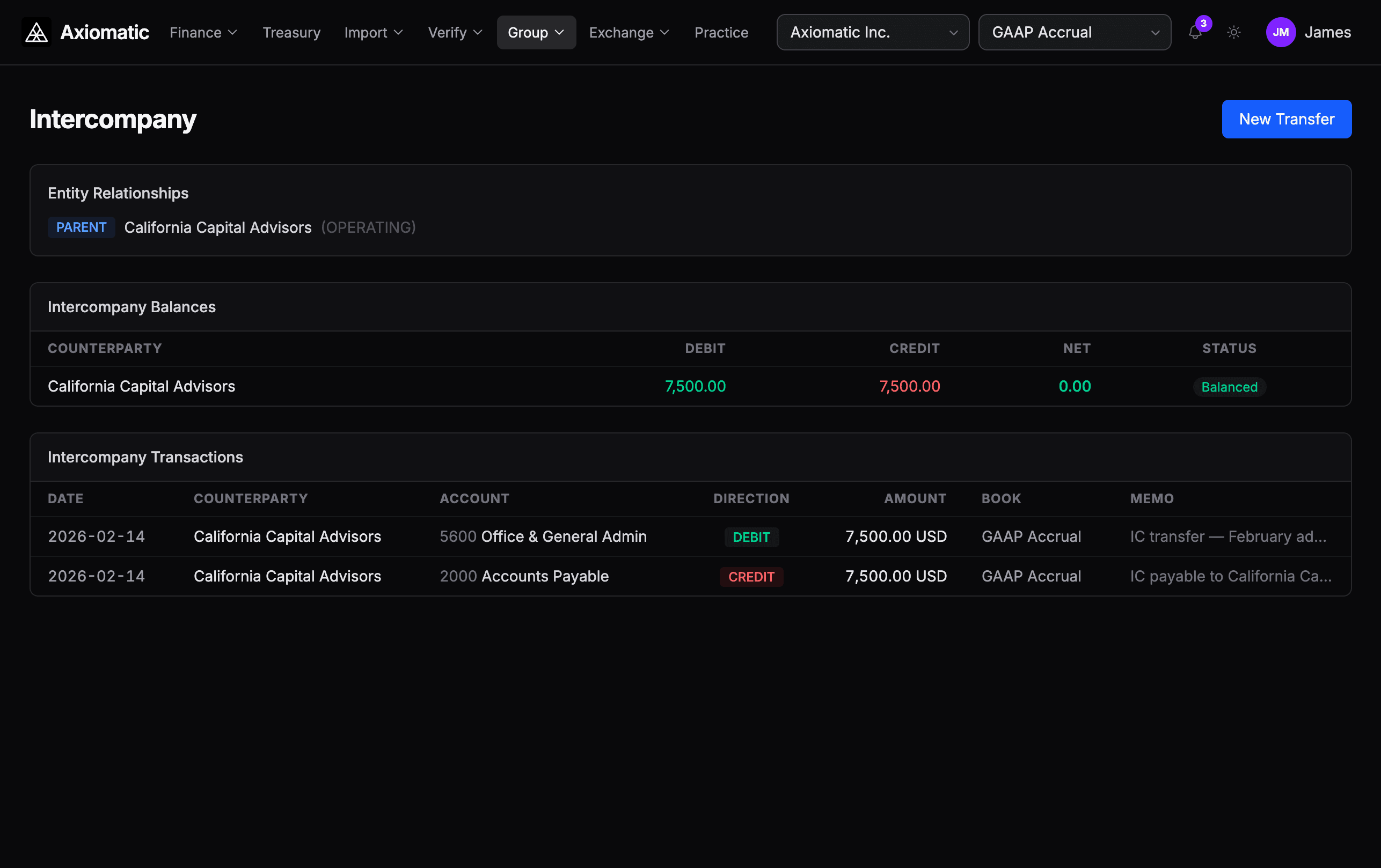 Intercompany settlement showing entity relationships, balanced IC balances, and transaction history
