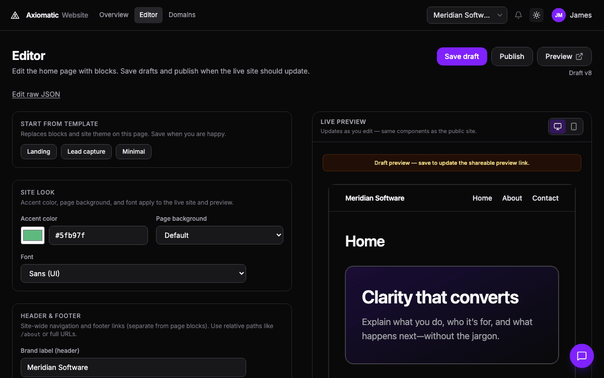 Website — pages, domains, and publishing in Axiomatic