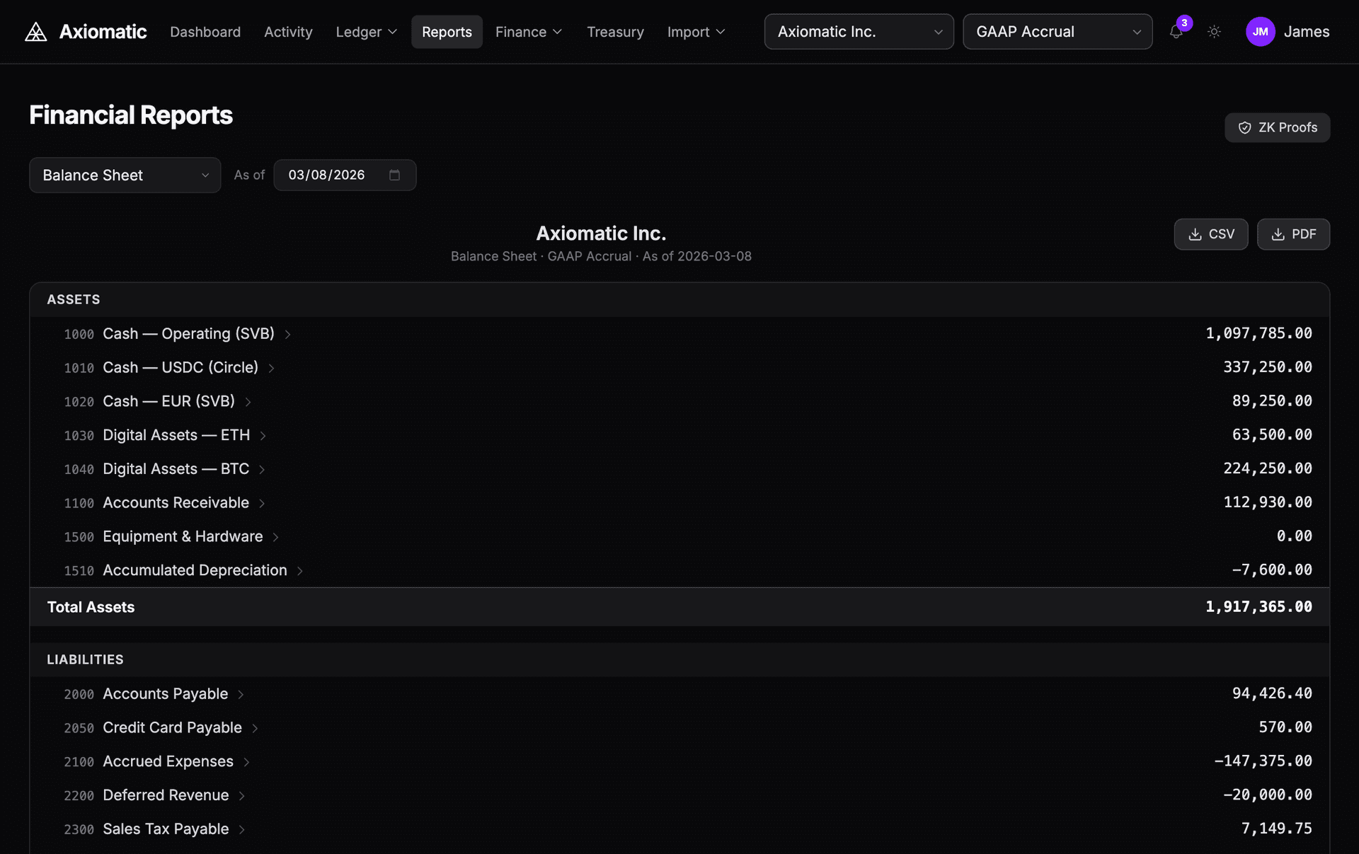 Balance Sheet showing Assets, Liabilities, and Equity with account-level detail
